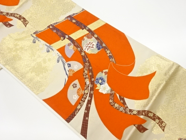 リサイクル　几帳に花輪・扇子・雲模様織出し袋帯